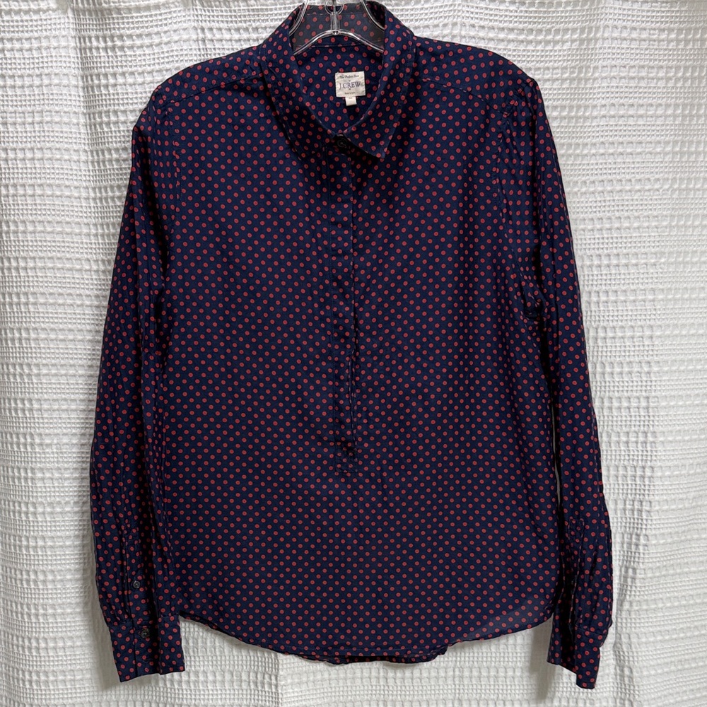 J. Crew Polka dot Navy/Red‎ The Perfect Shirt Popover top Cotton Silk blend SZ M